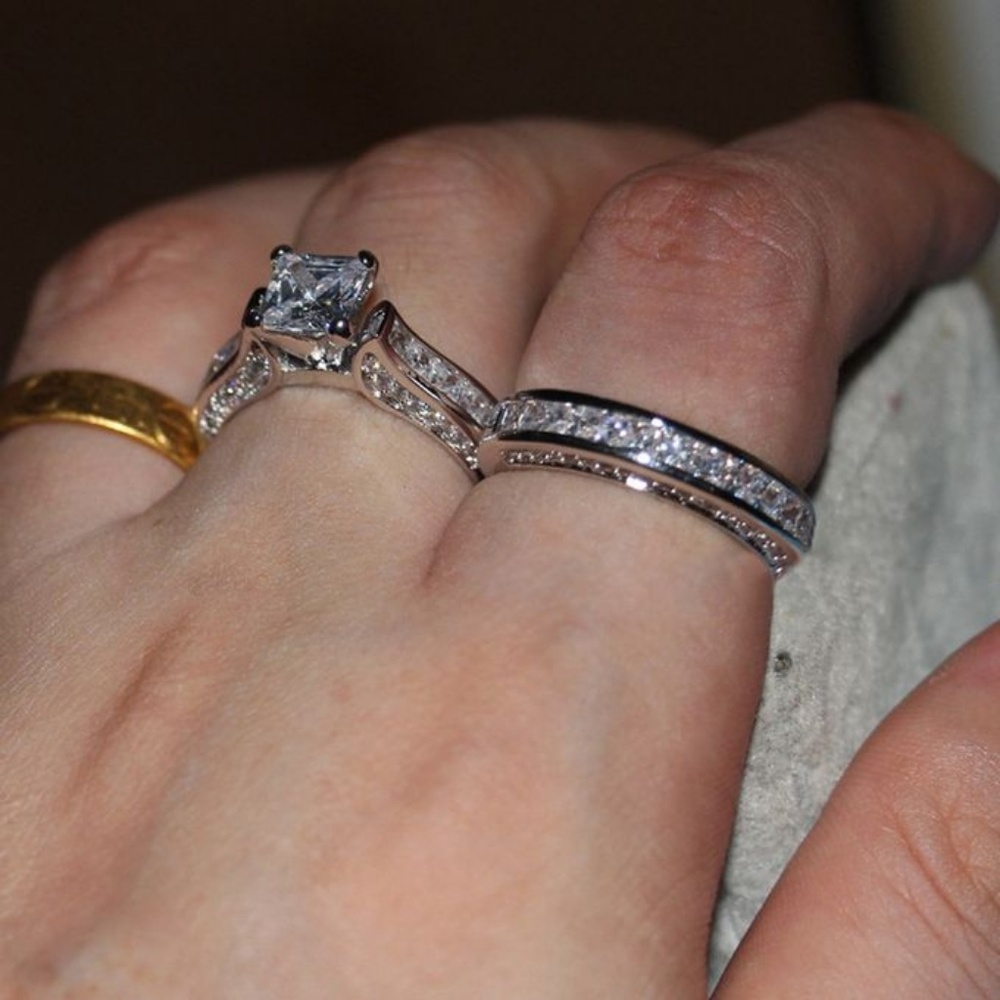 NEW 2pc 925 Silver Princess Cut Diamond Ring Z - Picture 3 of 5